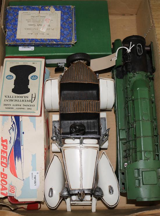 A 1930s Gebruder Schmidt Junior typewriter (original box), a Tri-ang speedboat 110, a modern tinplate locomotive and car,